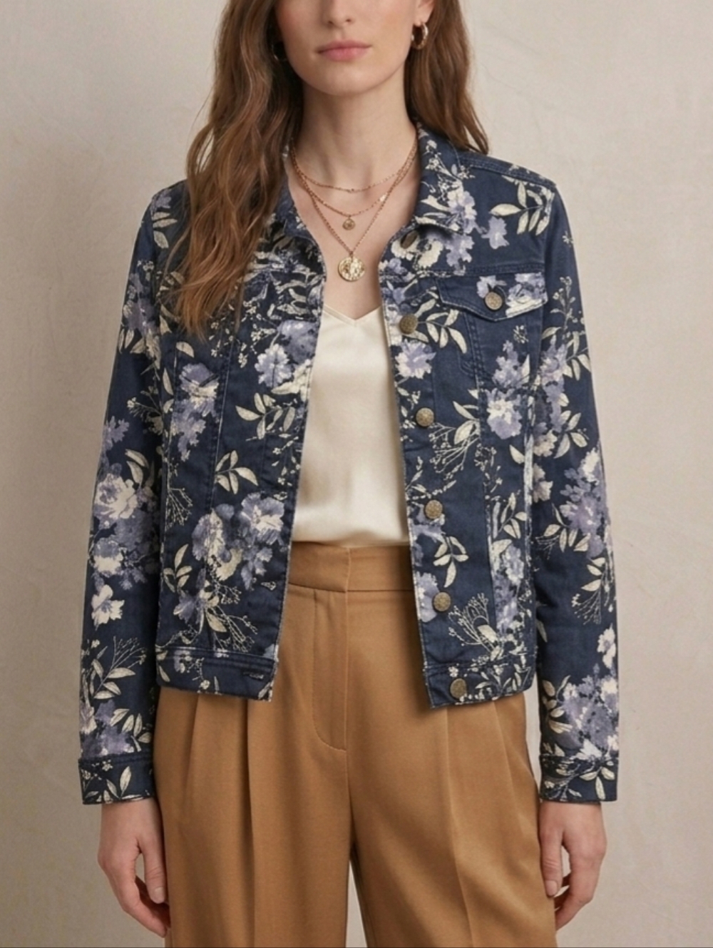 Sz M Marie Claire Women's Floral Blue Cotton Denim Jacket